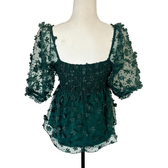 THIRTY THIRTY LA Short Sleeve Top Blouse Size Medium Green Flower Chiffon Lined - Picture 6 of 7